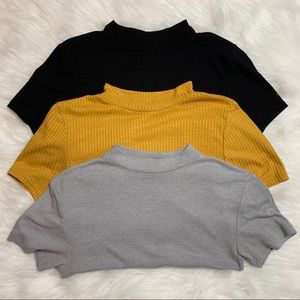 Three mock neck shirts black mustard & grey